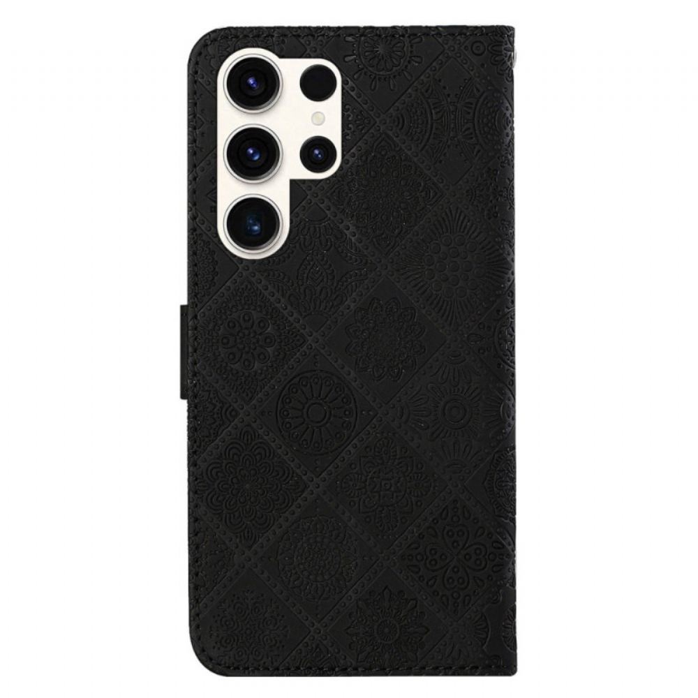 Peněženková Pouzdra Samsung Galaxy S24 Ultra 5g Kryty Na Mobil Etnický Květinový Vzor S Popruhem