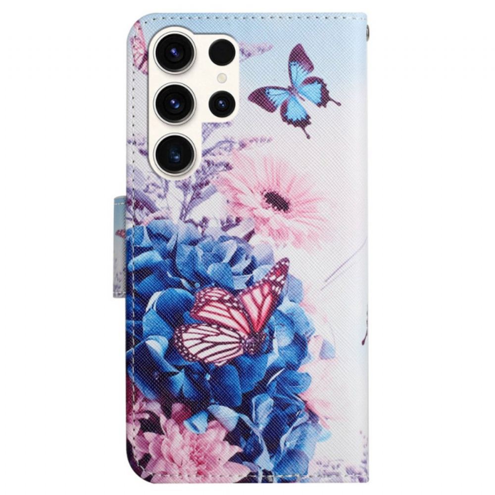 Peněženková Pouzdra Samsung Galaxy S24 Ultra 5g Kryty Na Mobil Fialoví Motýli S Řemínkem