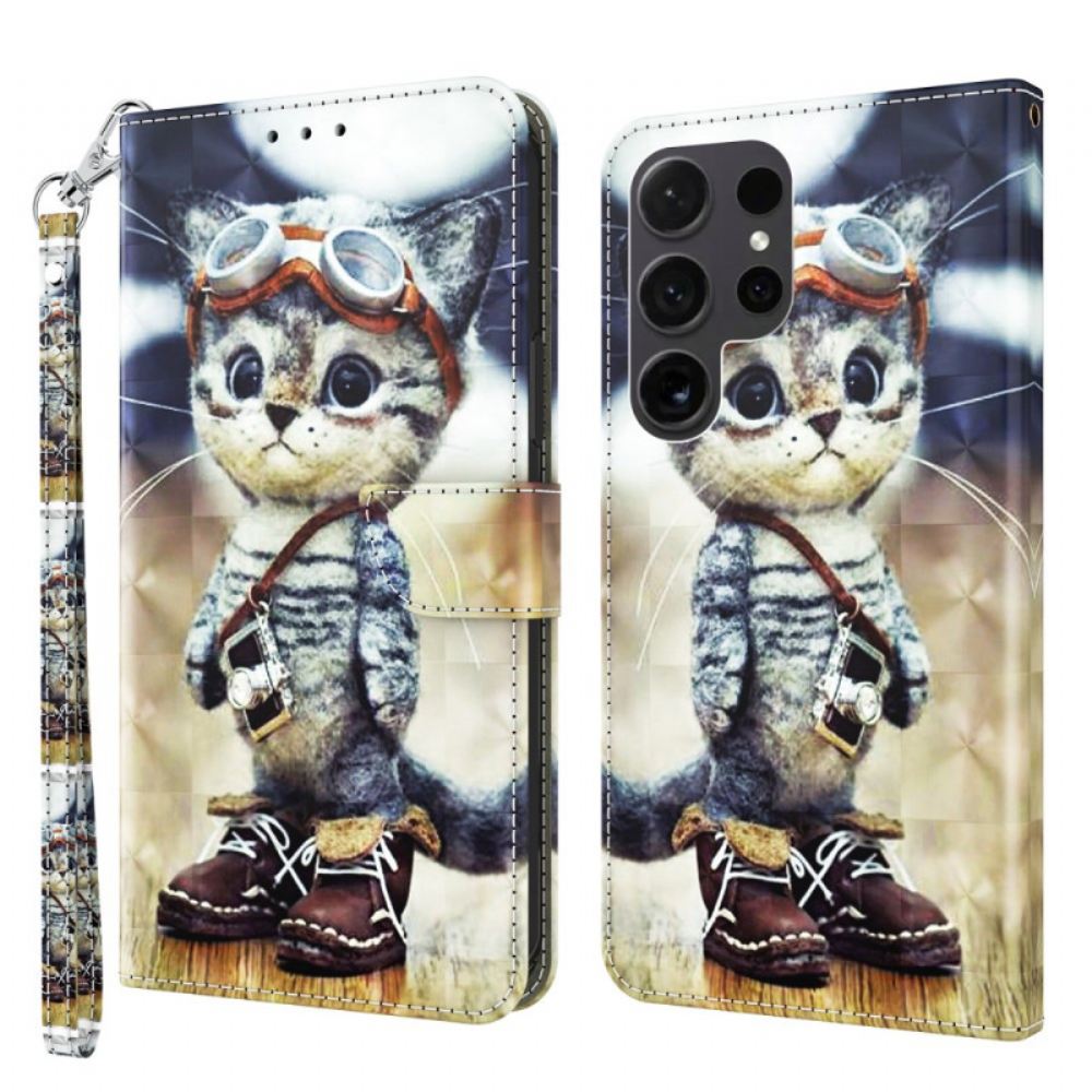 Peněženková Pouzdra Samsung Galaxy S24 Ultra 5g Kryty Na Mobil Letecká Kočka S Popruhem