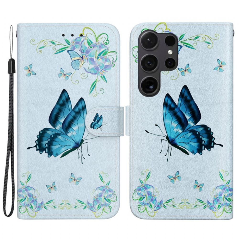 Peněženková Pouzdra Samsung Galaxy S24 Ultra 5g Kryty Na Mobil Modrý Motýl A Květina S Popruhem