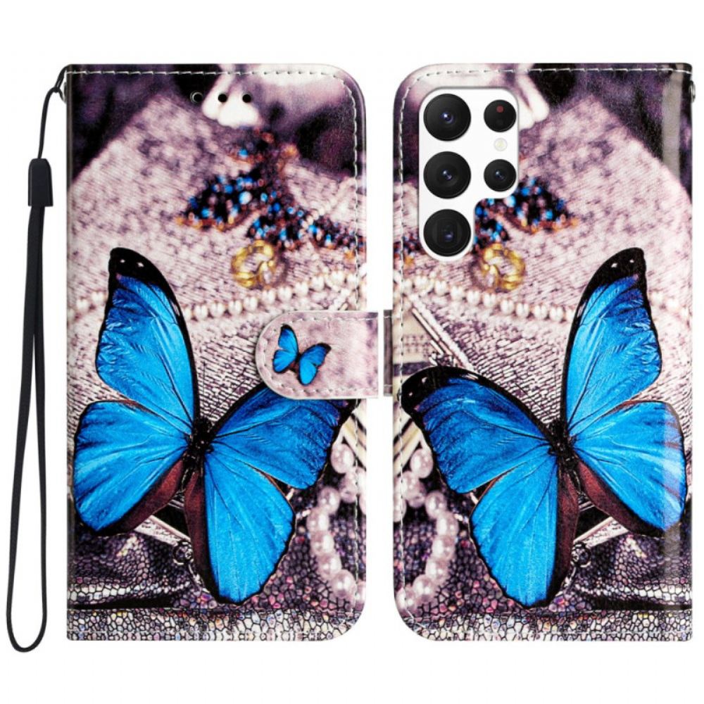 Peněženková Pouzdra Samsung Galaxy S24 Ultra 5g Modrý Motýl S Řemínkem