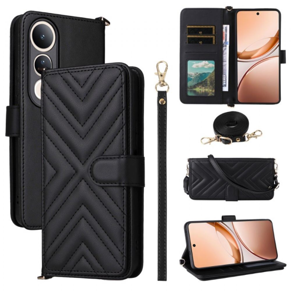 Kožený Kryt Vivo V50 Lite 5g Prošívaný S Šňůrkou A Ramenním Popruhem