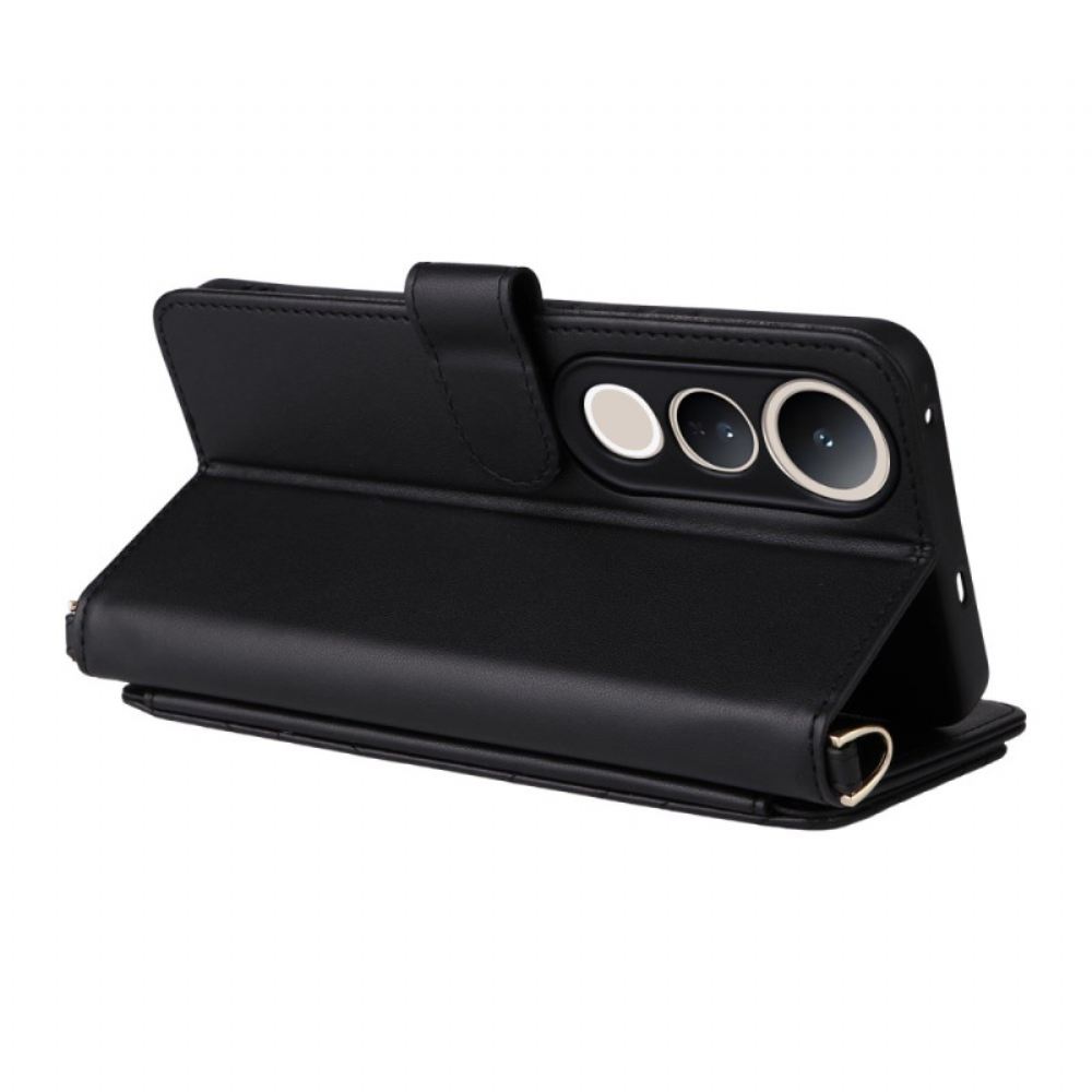 Kožený Kryt Vivo V50 Lite 5g Prošívaný S Šňůrkou A Ramenním Popruhem