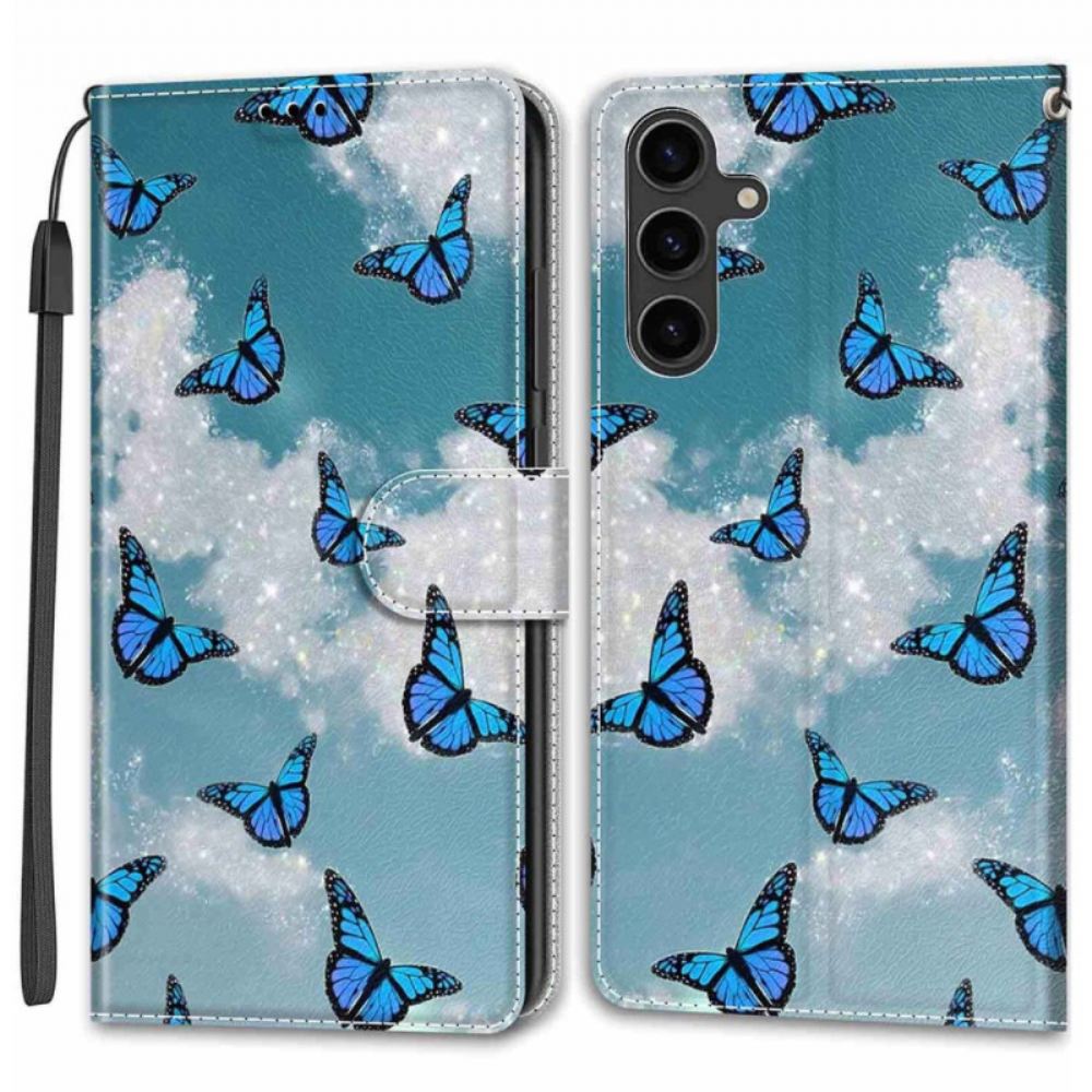 Kožený Kryt Na Samsung Galaxy S24 Plus 5g Bílý Oblak S Modrými Motýly S Popruhem