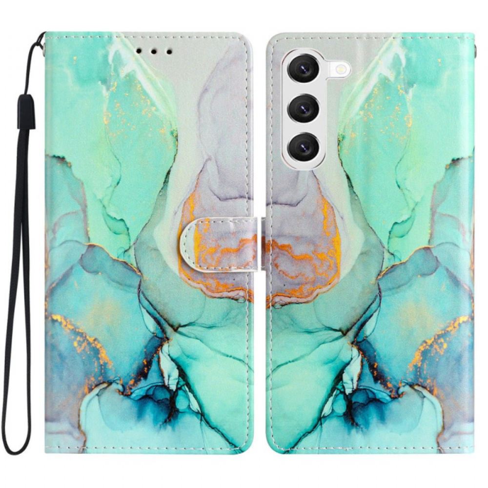 Kožený Kryt Na Samsung Galaxy S24 Plus 5g Zelený Mramor Se Šňůrkou