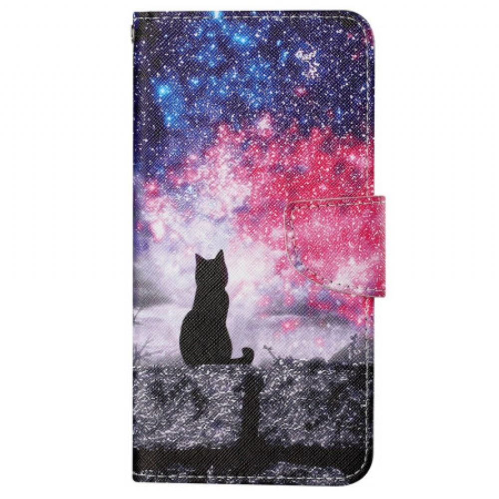 Kožený Kryt Samsung Galaxy S24 Plus 5g Hvězdná Obloha S Lanyard Cat