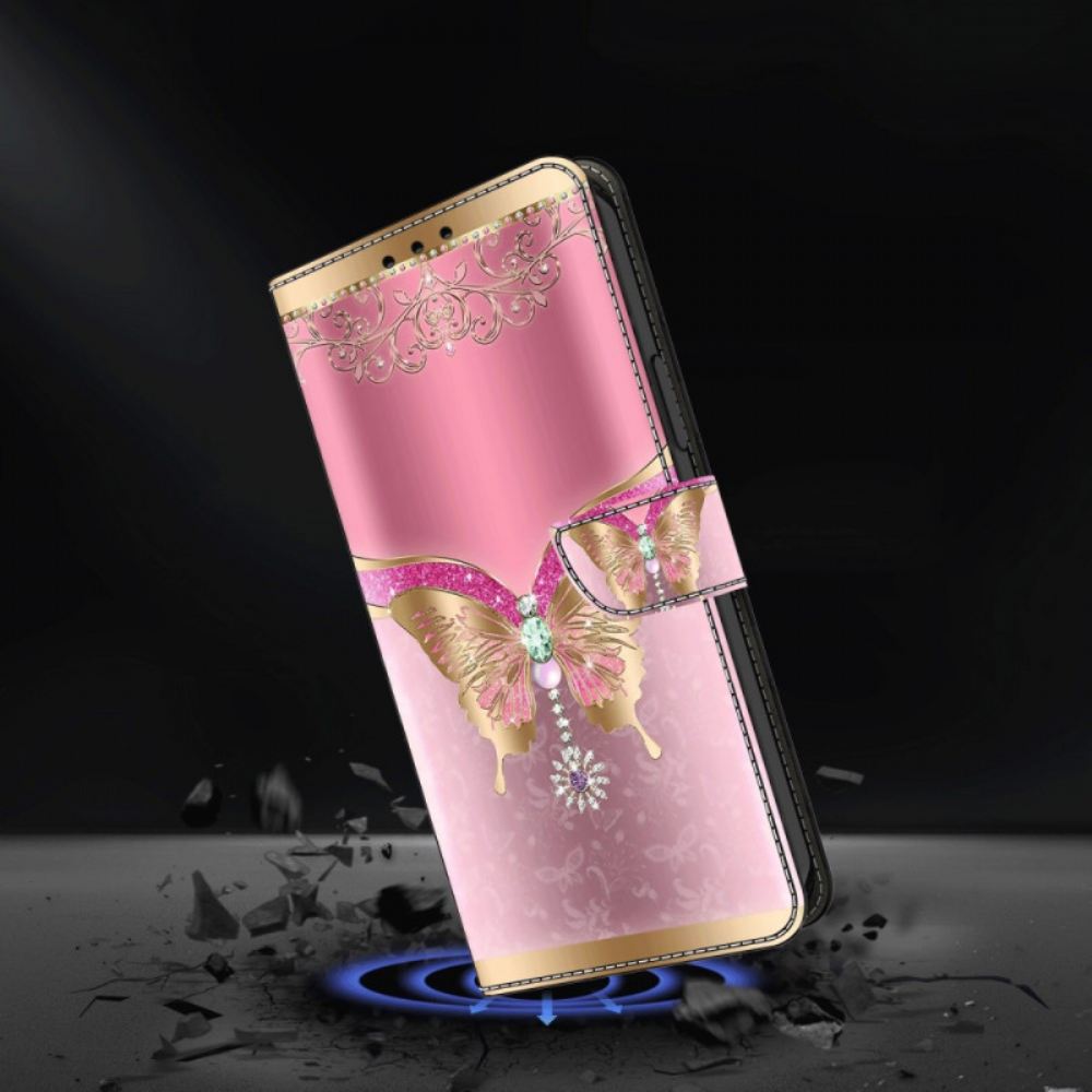 Kožený Kryt Samsung Galaxy S24 Plus 5g Růžový A Zlatý Motýl