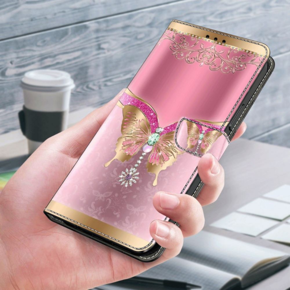 Kožený Kryt Samsung Galaxy S24 Plus 5g Růžový A Zlatý Motýl