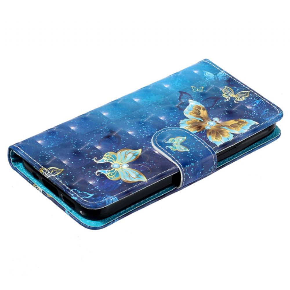 Kožený Kryt Samsung Galaxy S24 Plus 5g Vzor Zlatých Modrých Motýlů