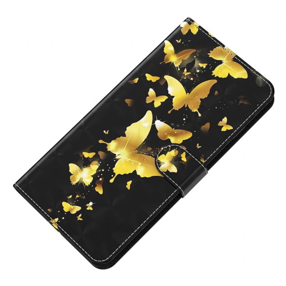 Kožený Kryt Samsung Galaxy S24 Plus 5g Zlatí Motýli S Řemínkem