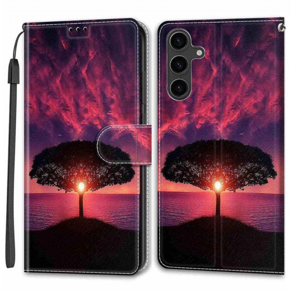 Kožený Kryt Samsung Galaxy S24 Plus 5g Černý Strom Při Západu Slunce S Popruhem