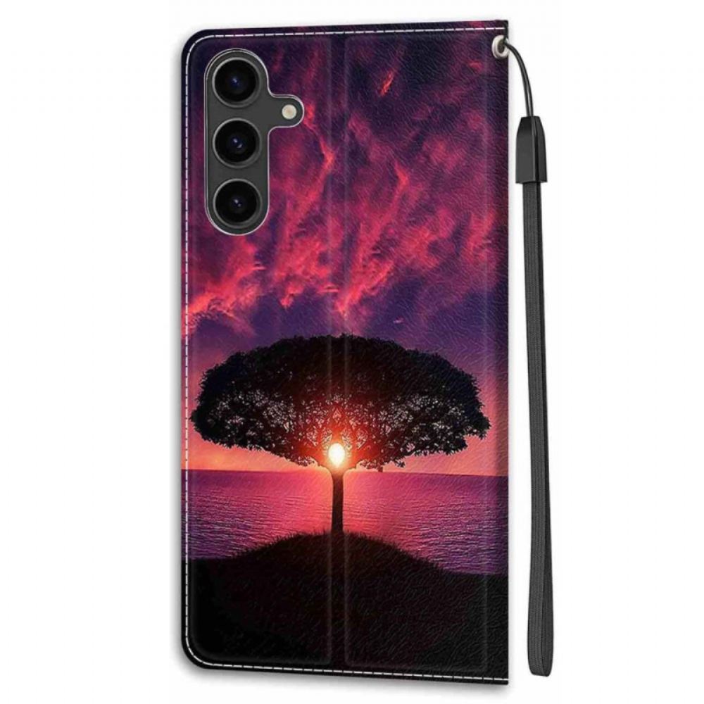 Kožený Kryt Samsung Galaxy S24 Plus 5g Černý Strom Při Západu Slunce S Popruhem