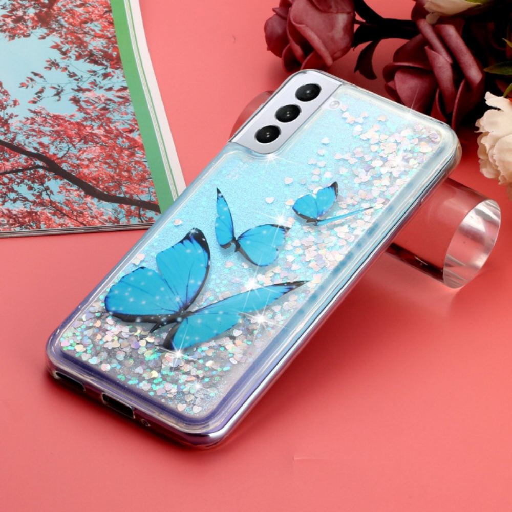 Kryt Samsung Galaxy S24 Plus 5g Kryty Na Mobil Tekuté Třpytky Modrých Motýlů
