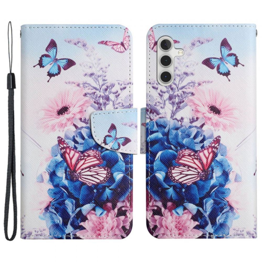 Peněženková Pouzdra Samsung Galaxy S24 Plus 5g Kryty Na Mobil Fialový Motýl S Páskem