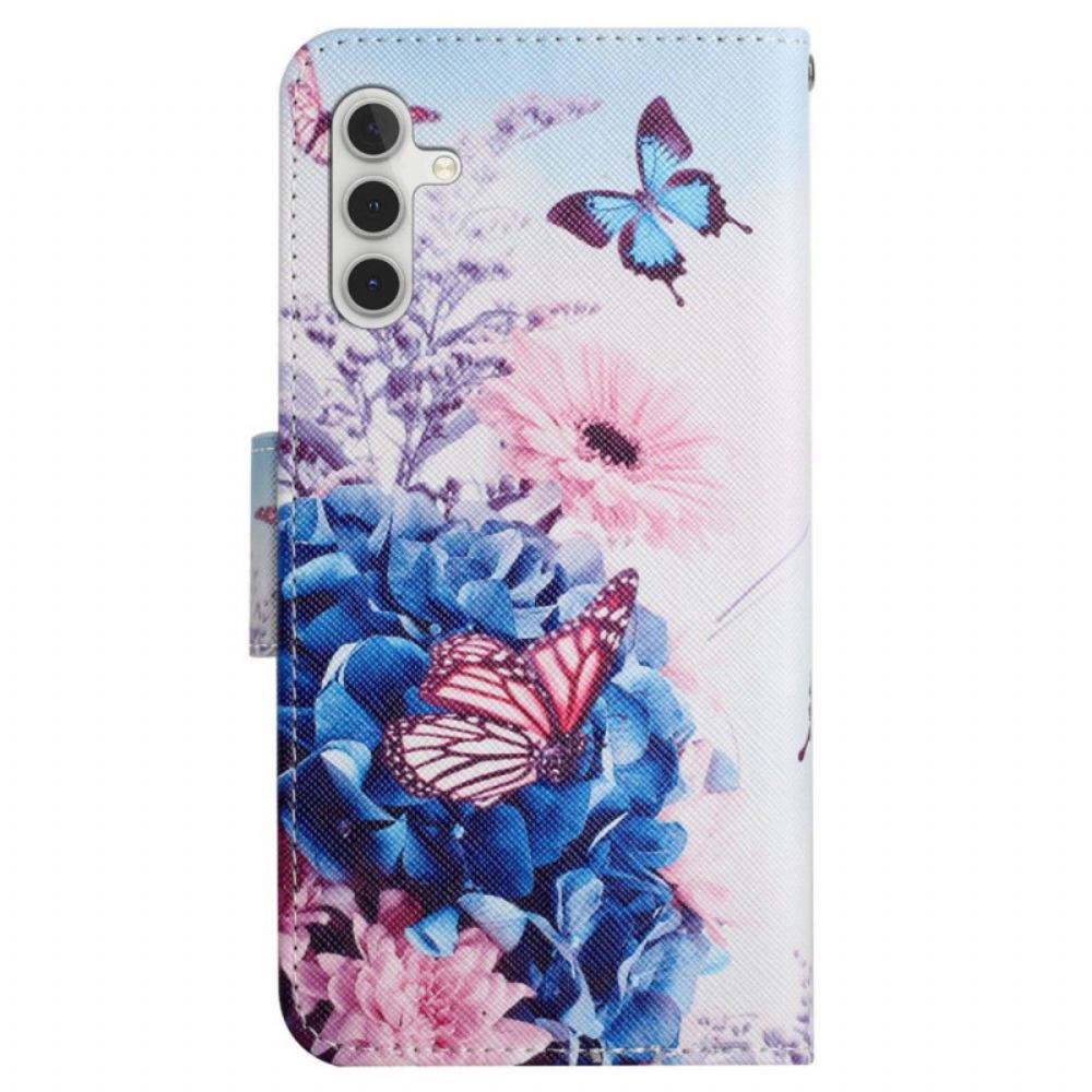 Peněženková Pouzdra Samsung Galaxy S24 Plus 5g Kryty Na Mobil Fialový Motýl S Páskem