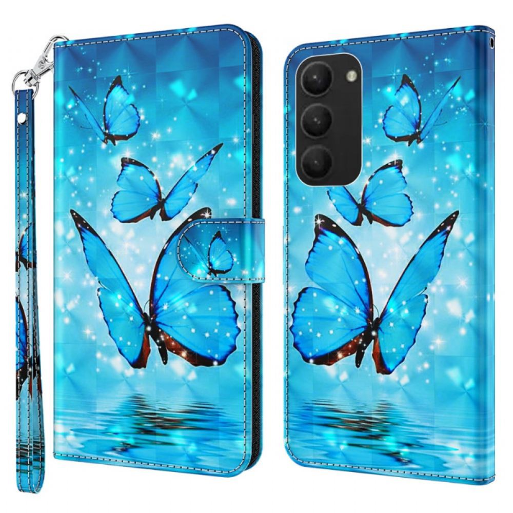 Peněženková Pouzdra Samsung Galaxy S24 Plus 5g Modrí Motýli S Popruhem