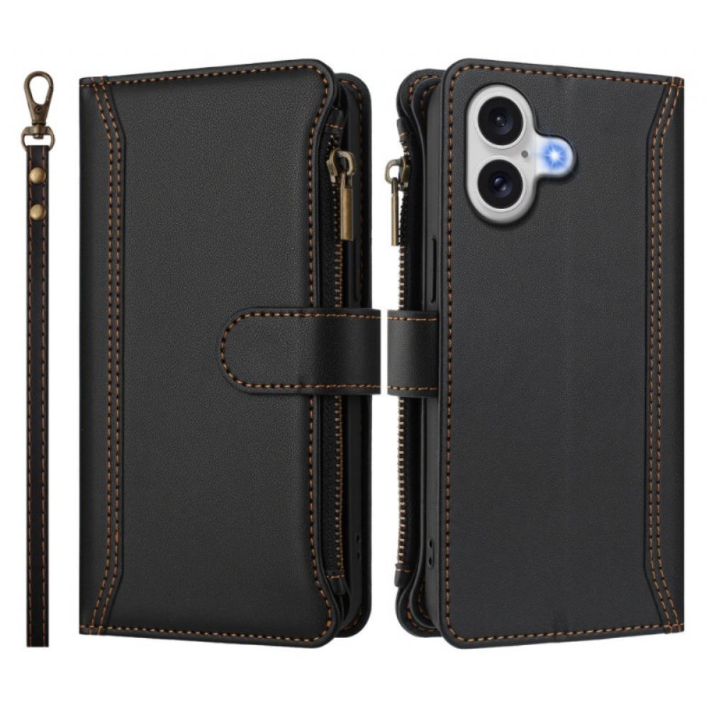 Kožený Kryt iPhone 17 Peněženka S 9 Sloty Na Karty A Poutkem Na Zápěstí