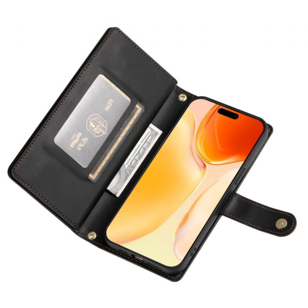 Kožený Kryt iPhone 17 Peněženka Se Zipem A Popruhy