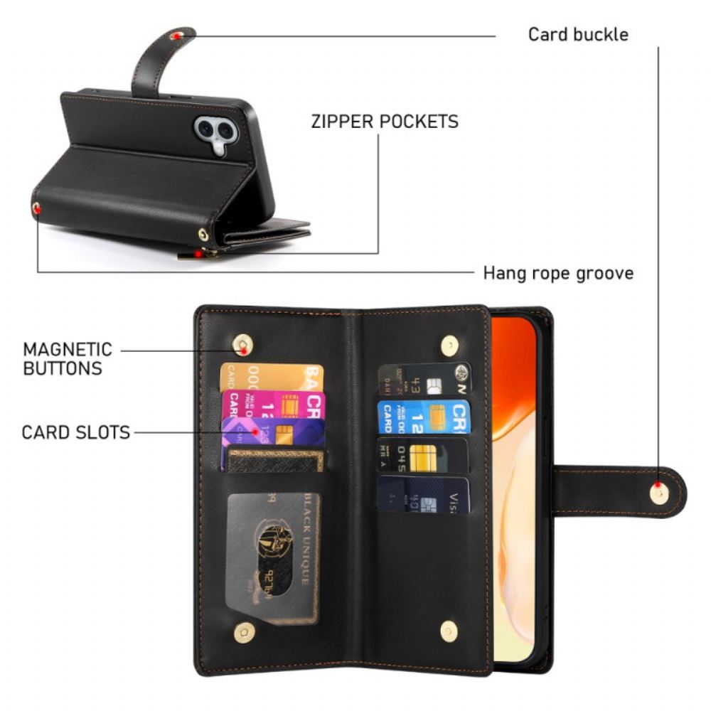 Kožený Kryt iPhone 17 Peněženka Se Zipem A Popruhy