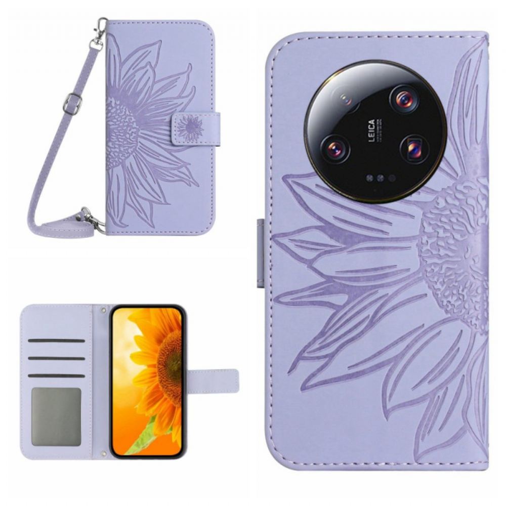 Kožený Kryt Na Xiaomi 14 Ultra Slunečnicový Vzor S Ramenním Popruhem