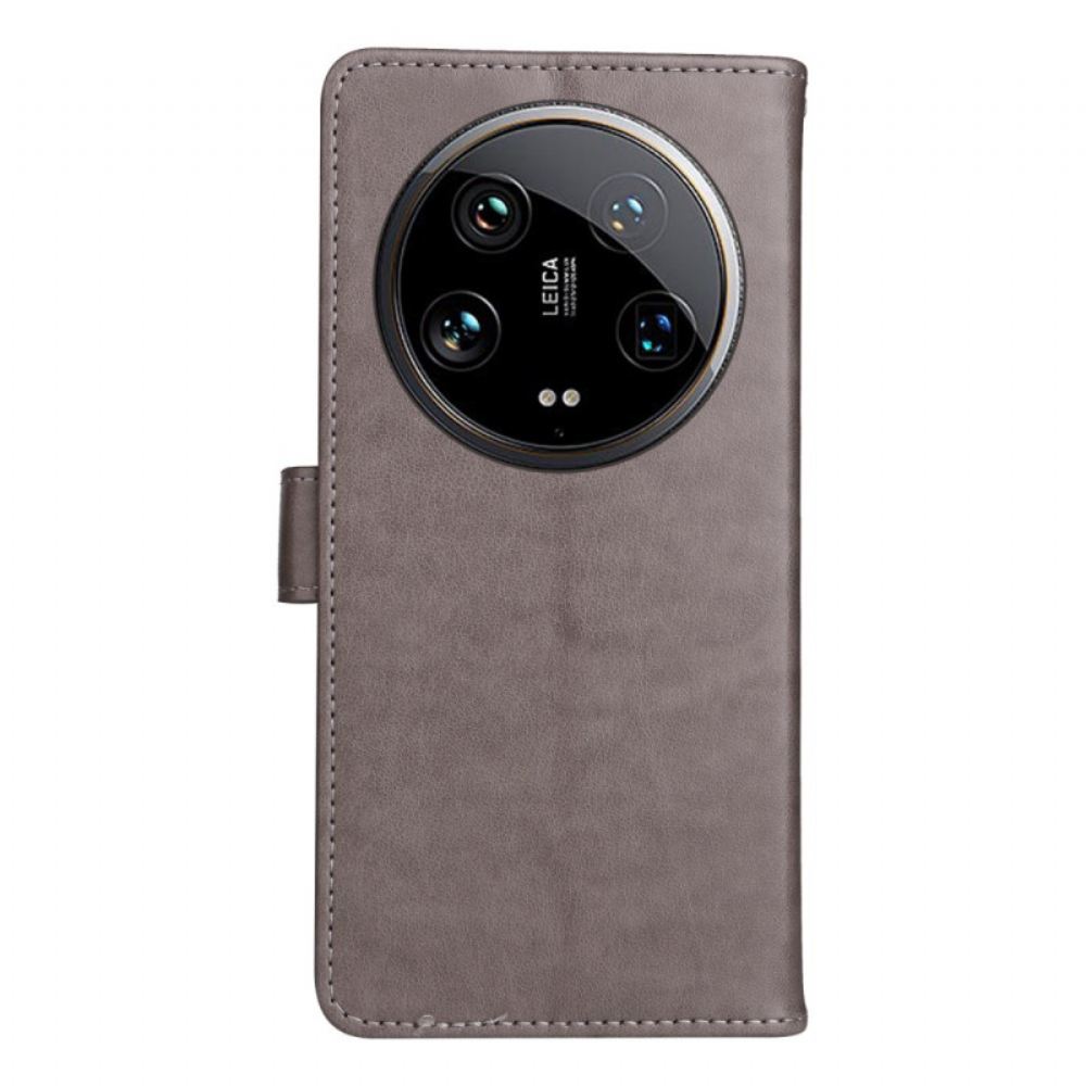 Kožený Kryt Na Xiaomi 14 Ultra Včely A Kočka S Popruhem