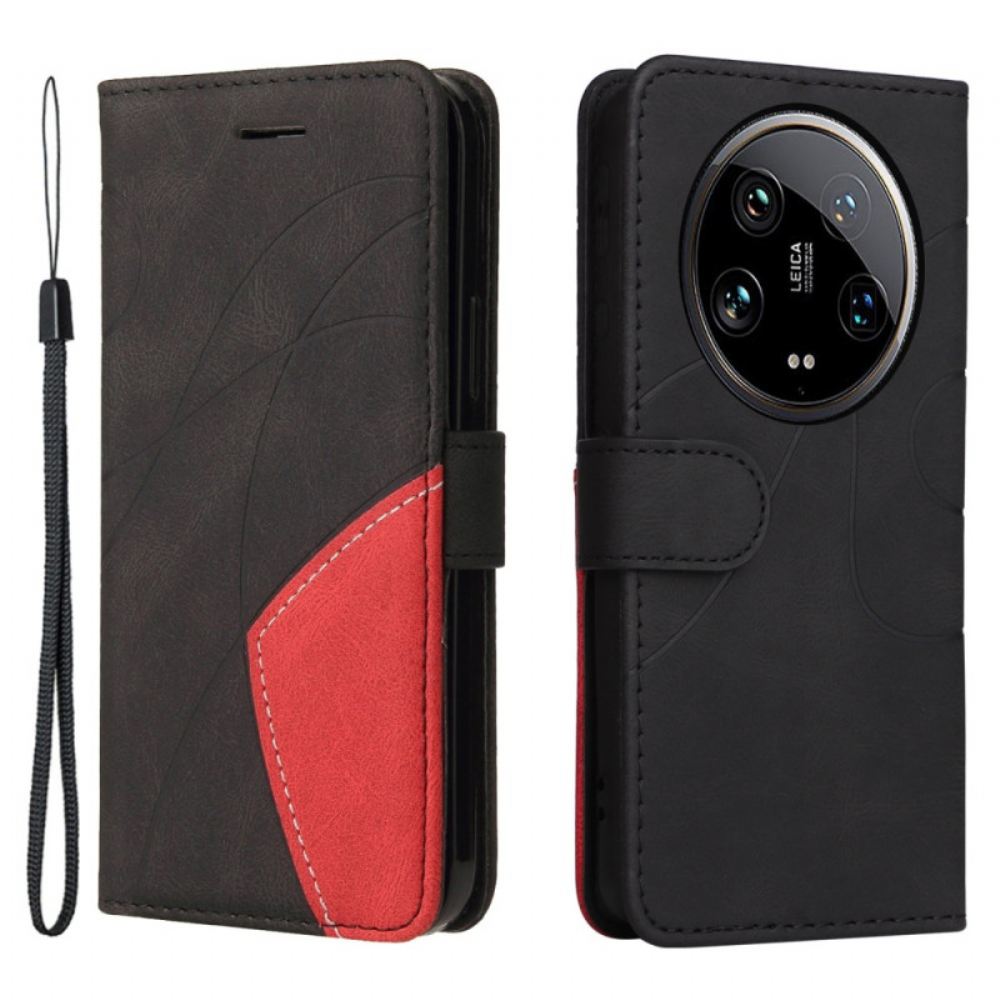 Kožený Kryt Xiaomi 14 Ultra Dvoubarevné A Vlnité Čáry