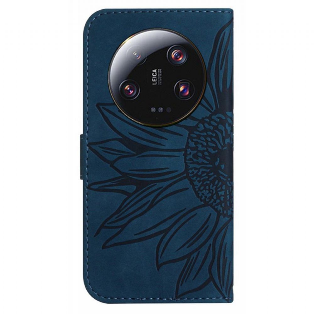 Kožený Kryt Xiaomi 14 Ultra Slunečnicový Vzor S Páskem