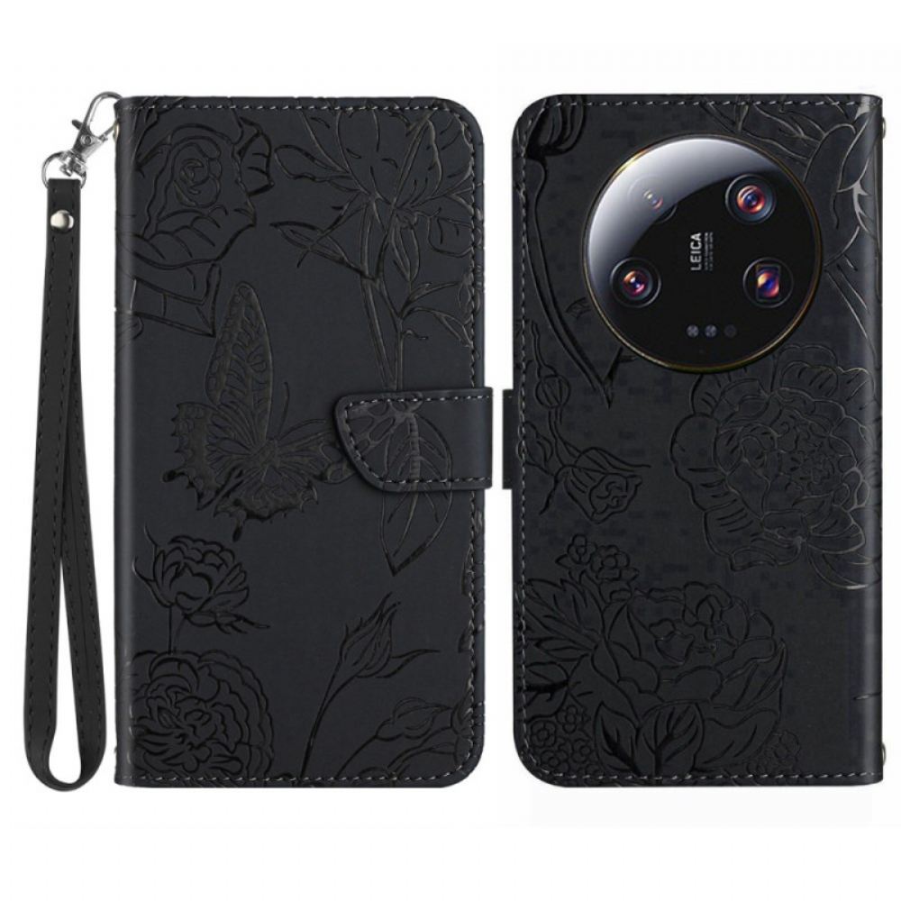 Kožený Kryt Xiaomi 14 Ultra Vzor Motýla S Páskem