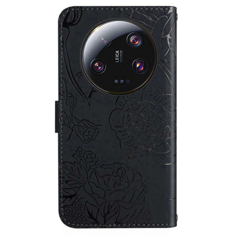 Kožený Kryt Xiaomi 14 Ultra Vzor Motýla S Páskem