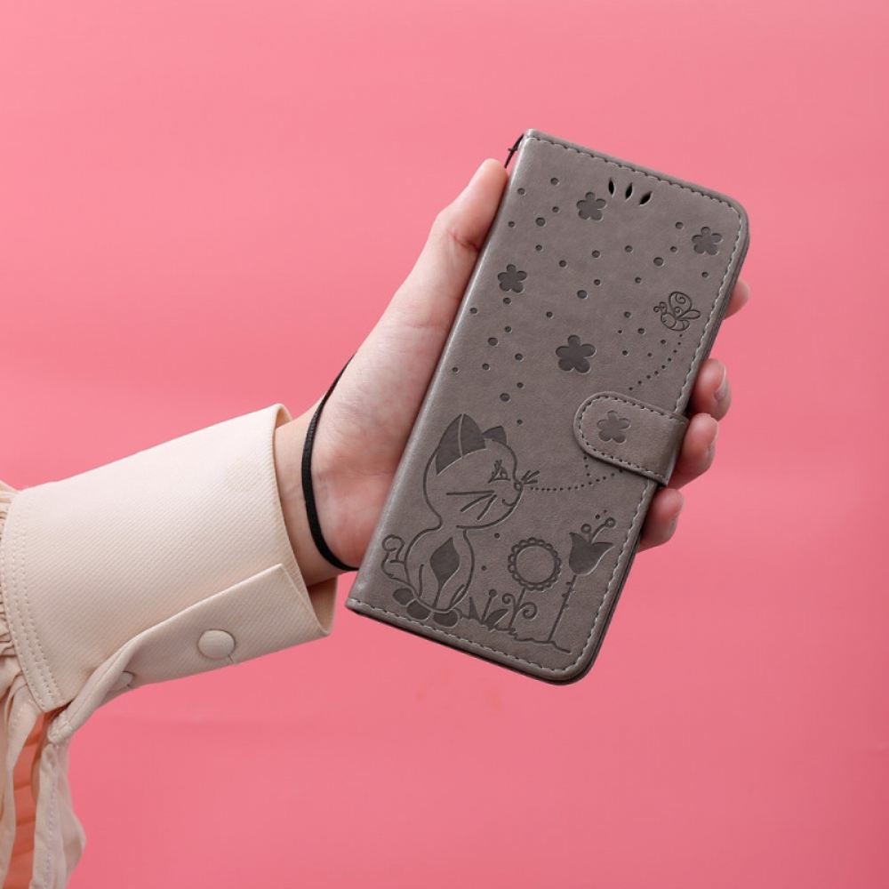 Kožený Kryt Google Pixel 8 Kočka A Včely Na Šňůrce