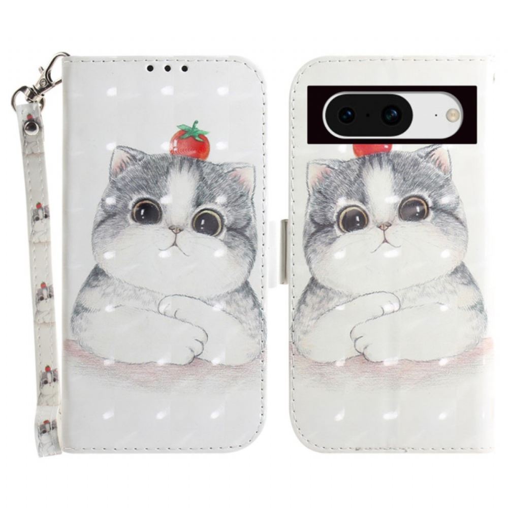 Kožený Kryt Na Google Pixel 8 Grafická Kočka Se Šňůrkou