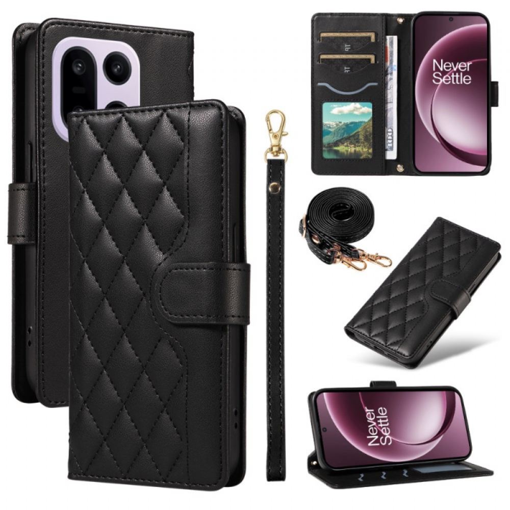 Kožený Kryt Na Oneplus 15 Prošívaná S Ramenním Popruhem A Popruhem