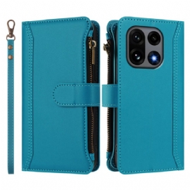 Kožený Kryt Oneplus 15 Peněženka S 9 Přihrádkami Na Karty A Popruhem