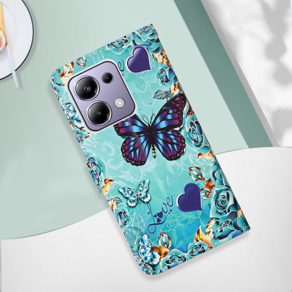 Kožený Kryt Xiaomi Redmi Note 13 Pro 4g Motýli A Srdce S Popruhem