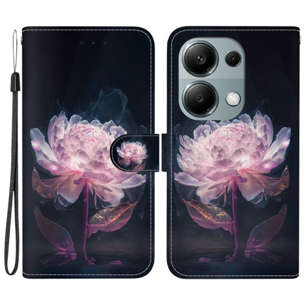 Kožený Kryt Xiaomi Redmi Note 13 Pro 4g Pouzdro Na Popruh Fialové Pivoňky