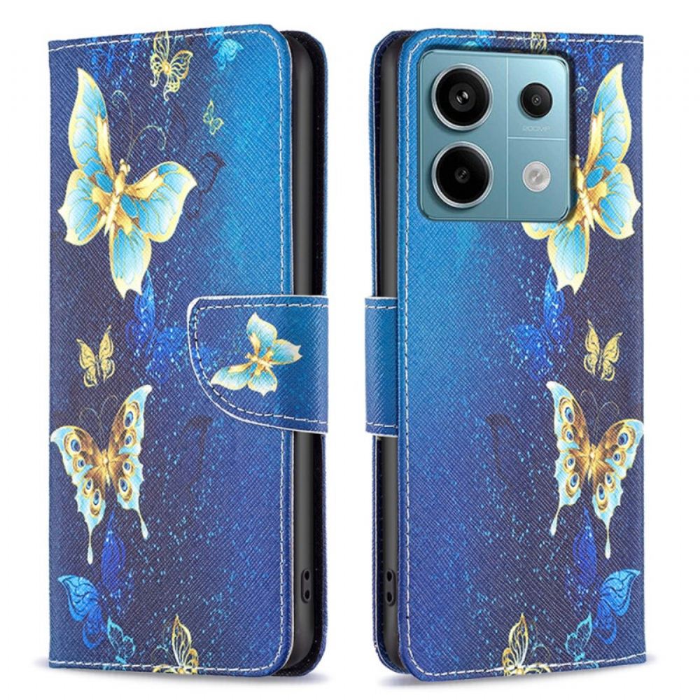 Kožený Kryt Xiaomi Redmi Note 13 Pro 4g Zlatí Motýli Na Modrém Pozadí