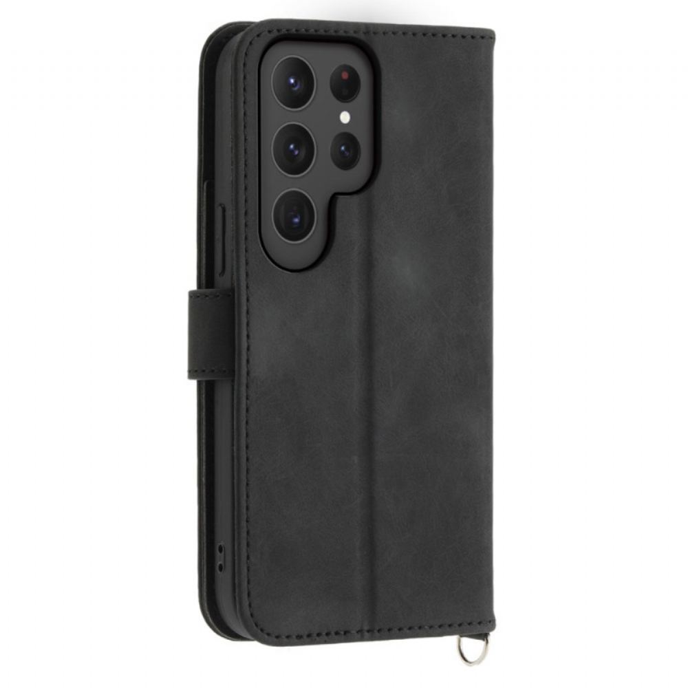 Kožený Kryt Na Samsung Galaxy S25 Ultra 5g Květinový Vzor A Popruhy