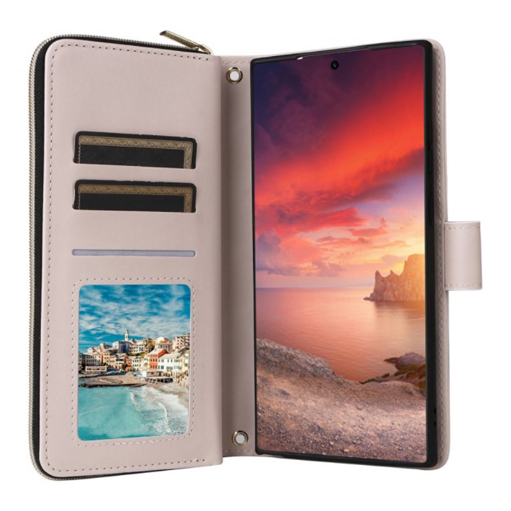 Kožený Kryt Na Samsung Galaxy S25 Ultra 5g Prošívaná Peněženka S Popruhem A Ramenním Popruhem