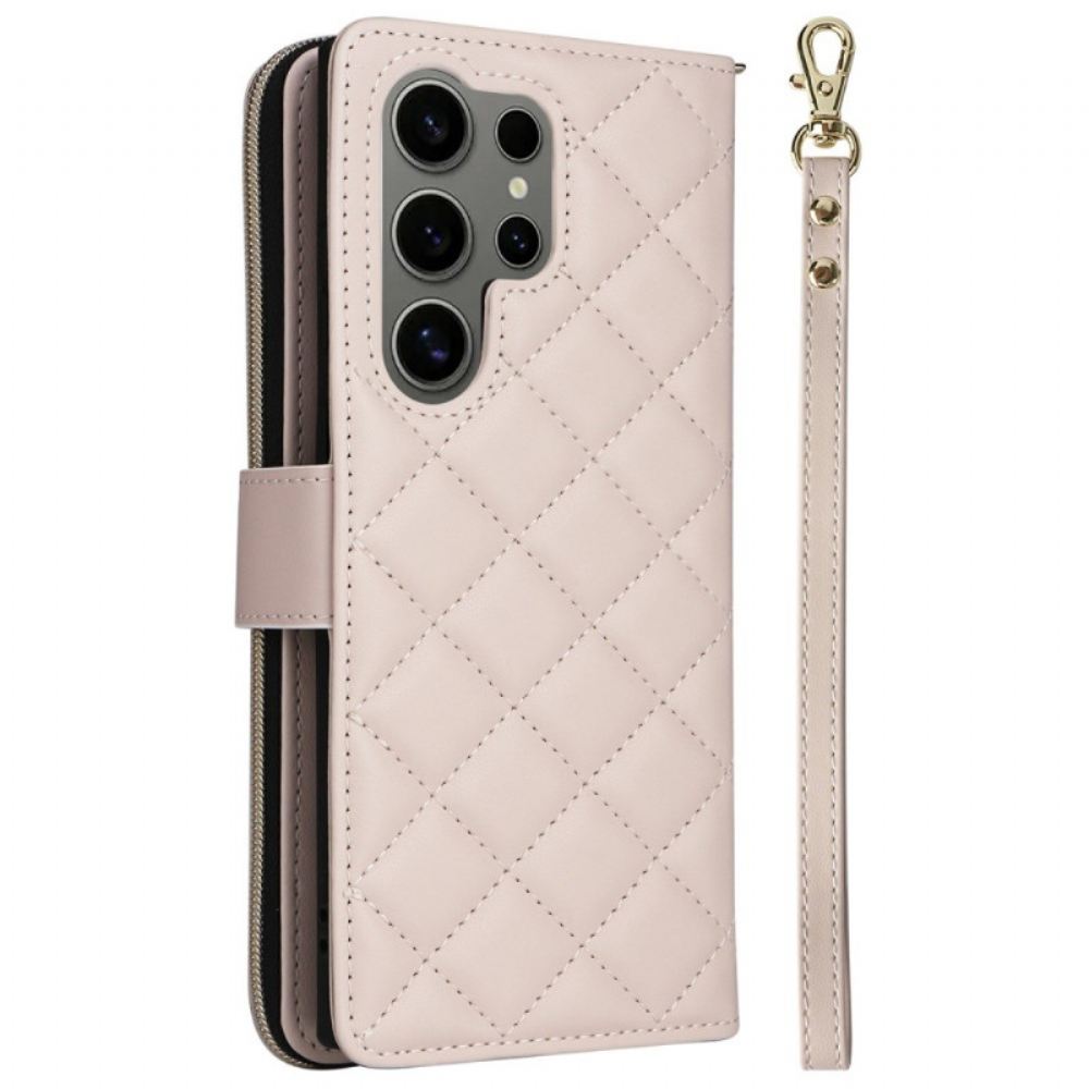 Kožený Kryt Na Samsung Galaxy S25 Ultra 5g Prošívaná Peněženka S Popruhem A Ramenním Popruhem