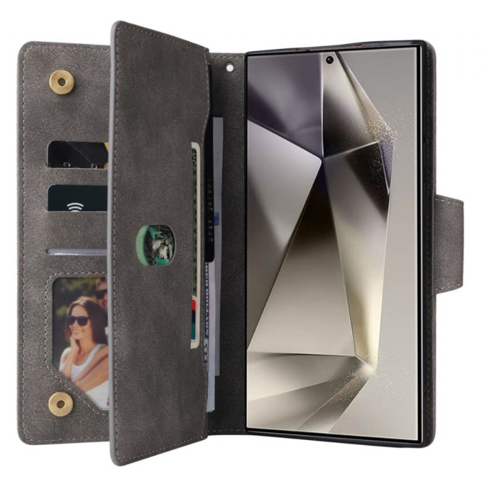 Kožený Kryt Samsung Galaxy S25 Ultra 5g Peněženka S Efektem Semiše A Řemínkem