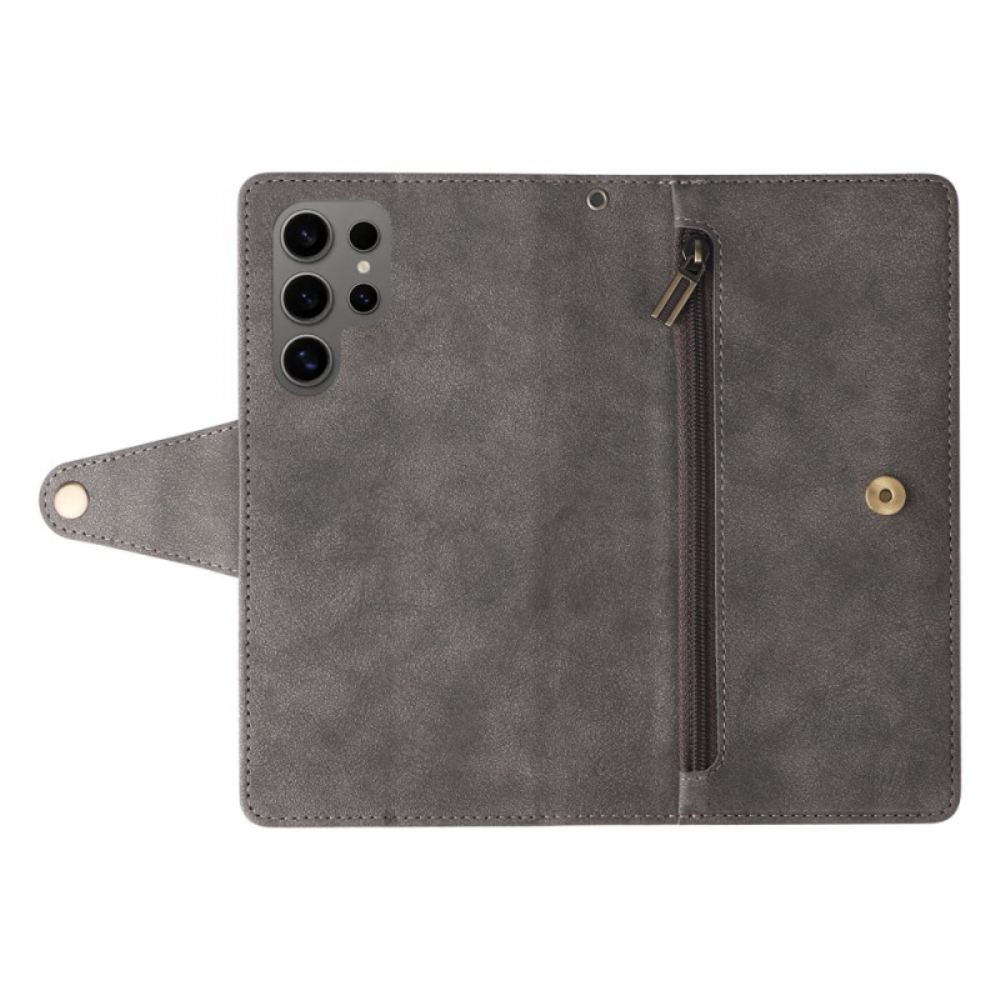 Kožený Kryt Samsung Galaxy S25 Ultra 5g Peněženka S Efektem Semiše A Řemínkem