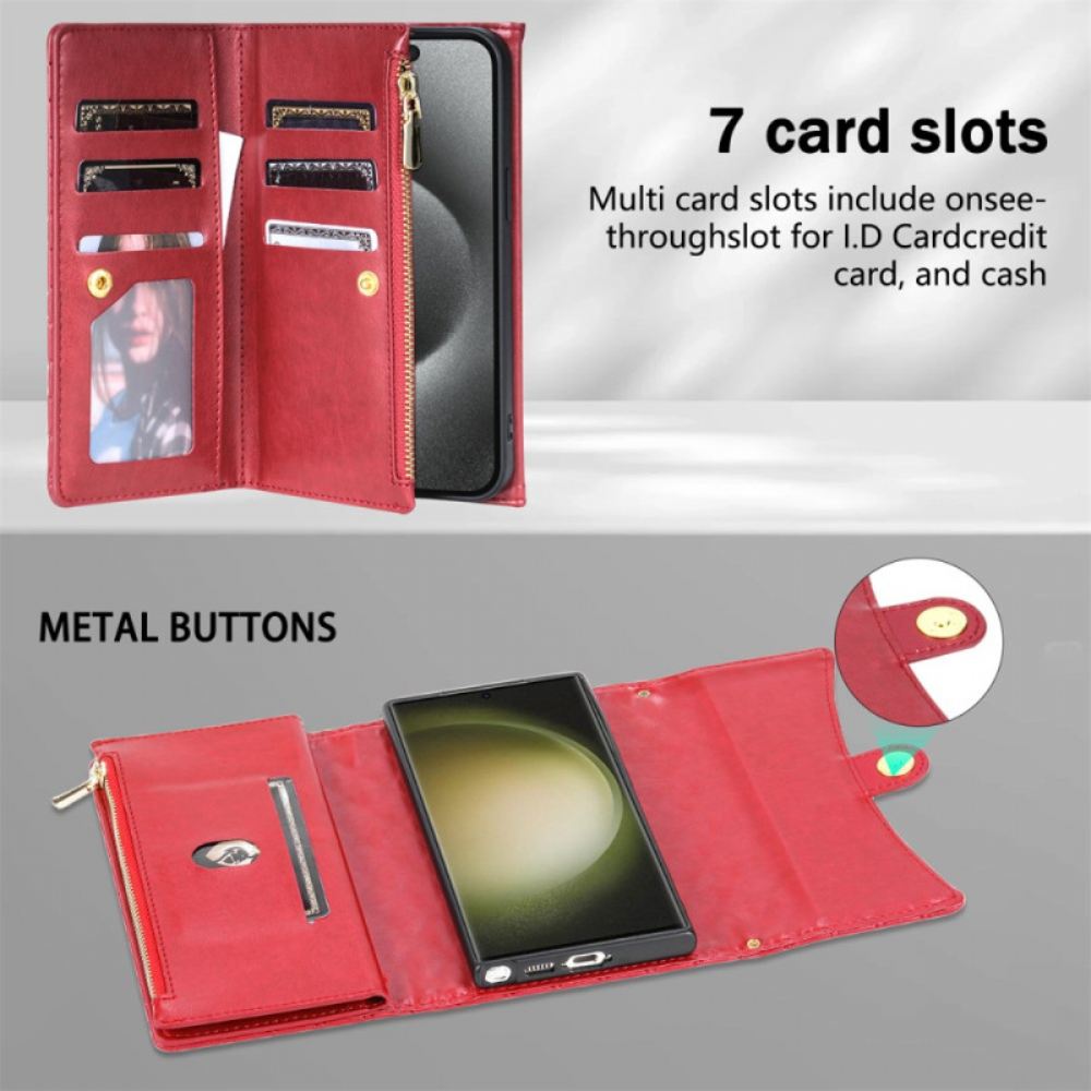 Kožený Kryt Samsung Galaxy S25 Ultra 5g Prošívaná Peněženka S Ramenním Popruhem