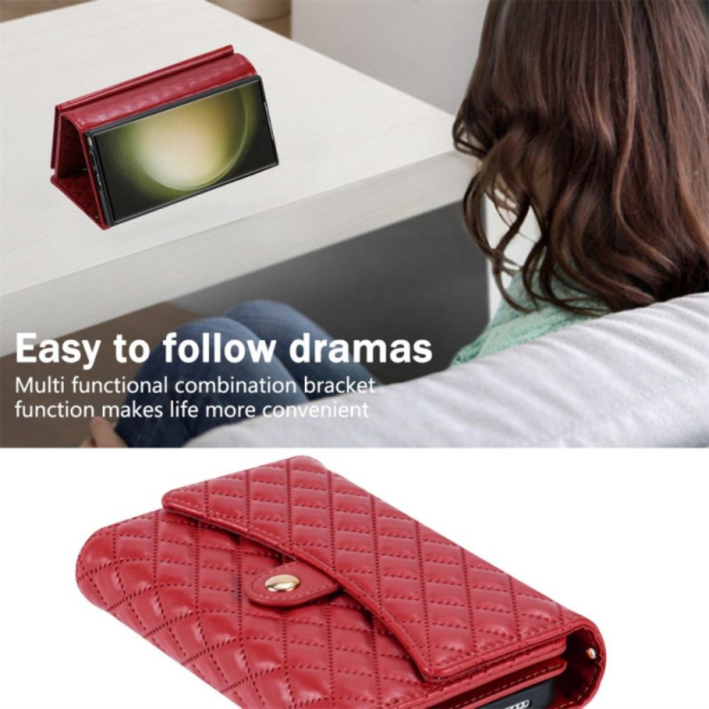 Kožený Kryt Samsung Galaxy S25 Ultra 5g Prošívaná Peněženka S Ramenním Popruhem