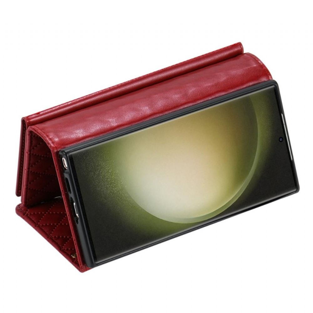 Kožený Kryt Samsung Galaxy S25 Ultra 5g Prošívaná Peněženka S Ramenním Popruhem