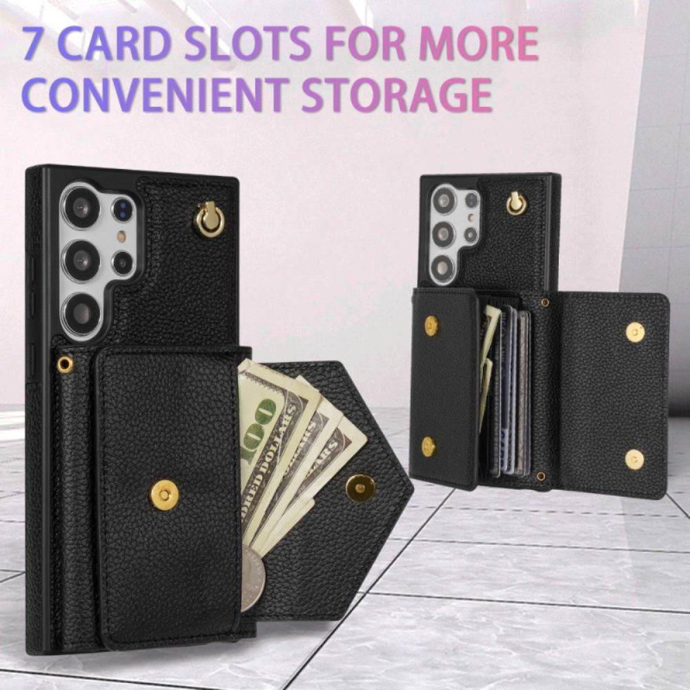 Kryt Na Samsung Galaxy S25 Ultra 5g Kožený Efekt S Držákem Na Karty A Popruhem