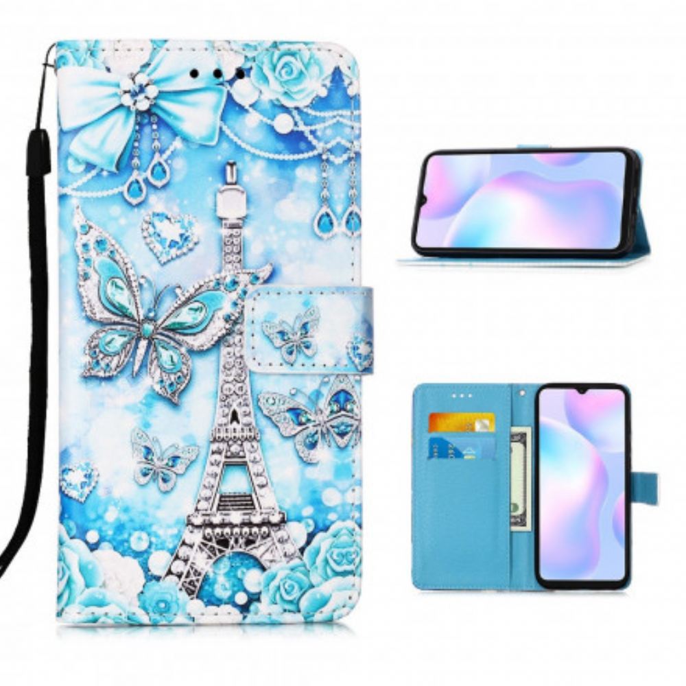 Flipové Pouzdro Na Xiaomi Redmi 9A Na Lana Popruh Na Motýla Eiffelovy Věže