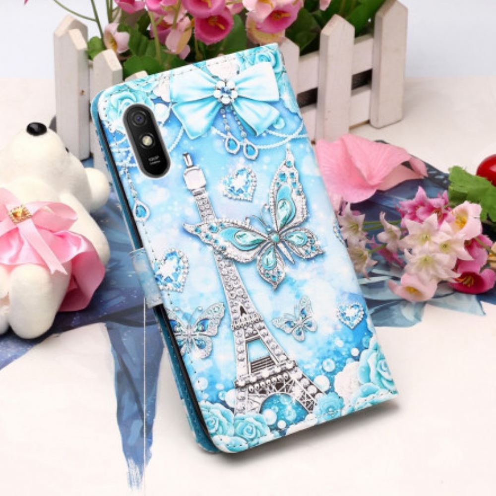Flipové Pouzdro Na Xiaomi Redmi 9A Na Lana Popruh Na Motýla Eiffelovy Věže