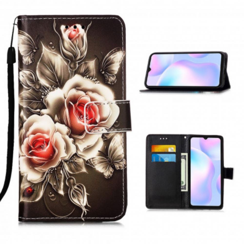 Flipové Pouzdro Na Xiaomi Redmi 9A Na Lana Černá Růže S Popruhem
