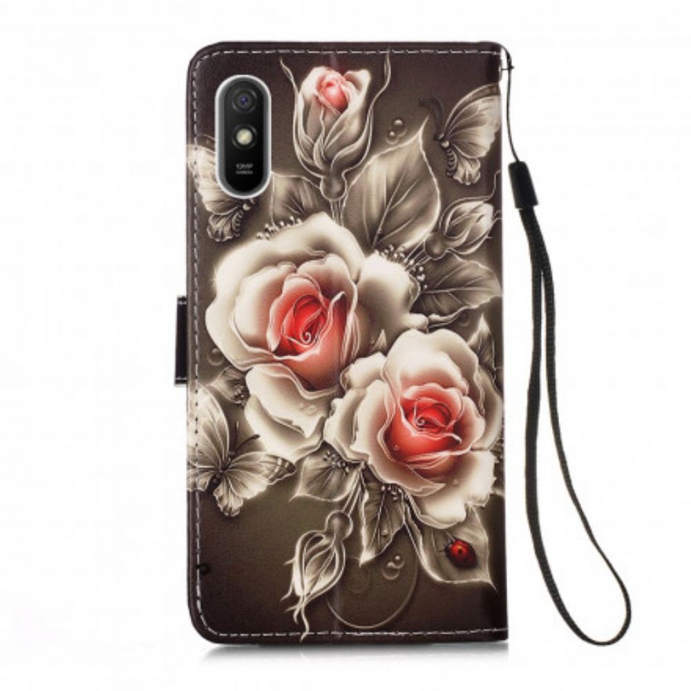 Flipové Pouzdro Na Xiaomi Redmi 9A Na Lana Černá Růže S Popruhem