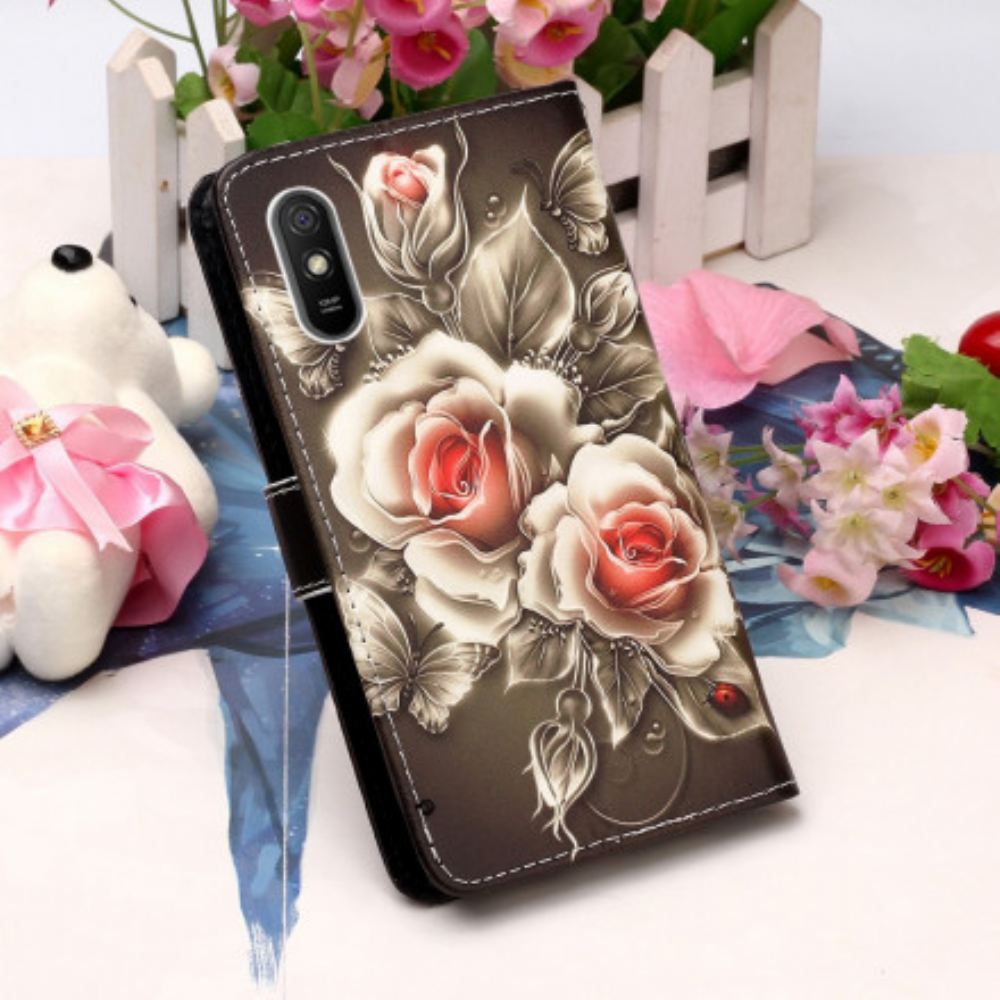 Flipové Pouzdro Na Xiaomi Redmi 9A Na Lana Černá Růže S Popruhem